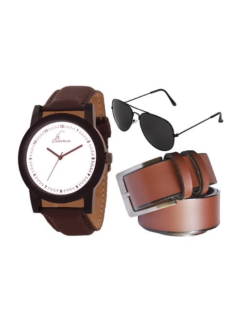 jack klein stylish brown strap formal wrist watch with brown belt and aviator glasses - 14279162 - Very Small Image - 1
