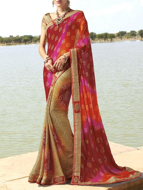 red georgette printed saree - 14314656 - Very Small Image - 1