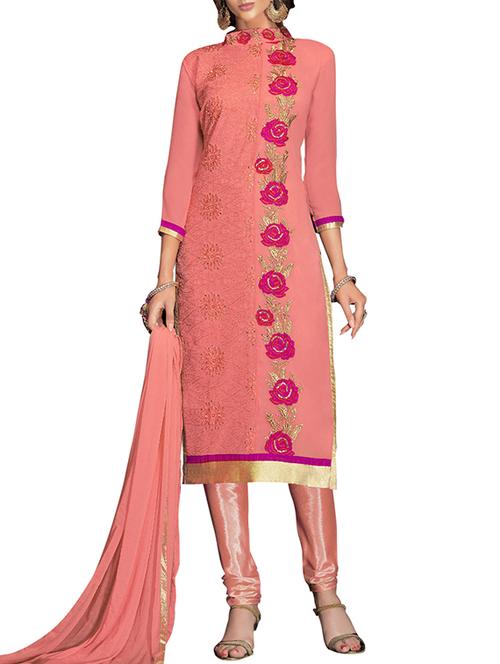 floral embroidered peach semi-stitched churidaar suit - 14319316 - Very Small Image - 1