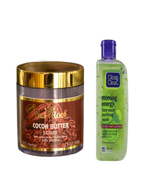 pink root cocoa butter scrub with clean & clear morning energy face wash purifying apple - 14320374 - Very Small Image - 1