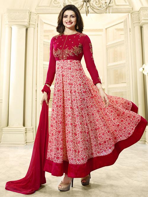 red georgette semi-stitched flared suit - 14320674 - Very Small Image - 1