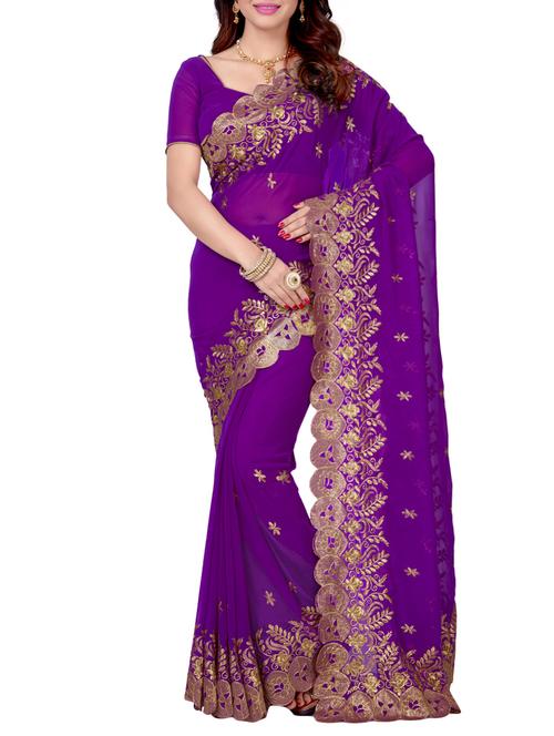 purple faux georgette embroidered saree with blouse - 14321434 - Very Small Image - 1