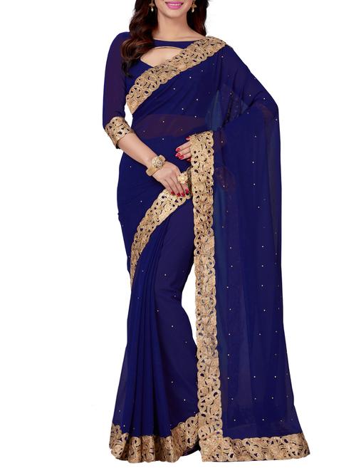 blue faux georgette embroidered saree with blouse - 14321440 - Very Small Image - 1