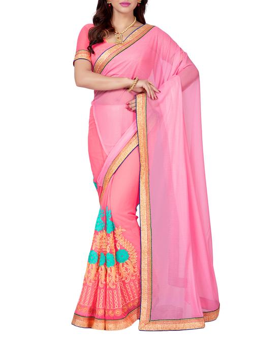 pink faux georgette & lycra half & half saree with blouse - 14321443 - Very Small Image - 1