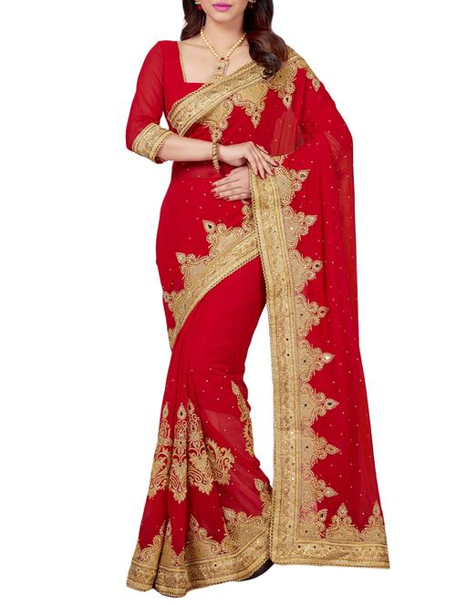 red faux georgette embroidered saree with blouse - 14321446 - Very Small Image - 1