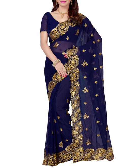 navy blue faux georgette embroidered saree with blouse - 14321571 - Very Small Image - 1