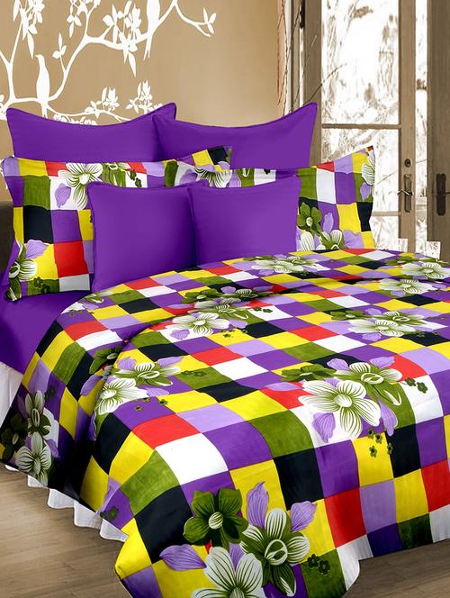 floral and check print double bed sheet with 2 pillow covers - 14332854 - Very Small Image - 1