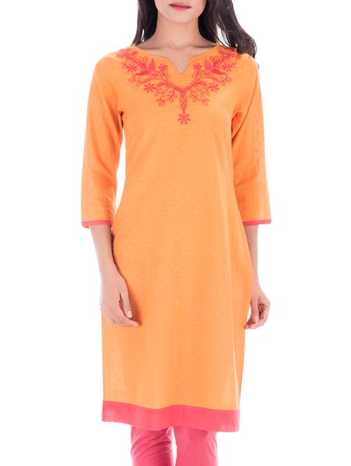 orange cotton straight kurta - 14333905 - Very Small Image - 1