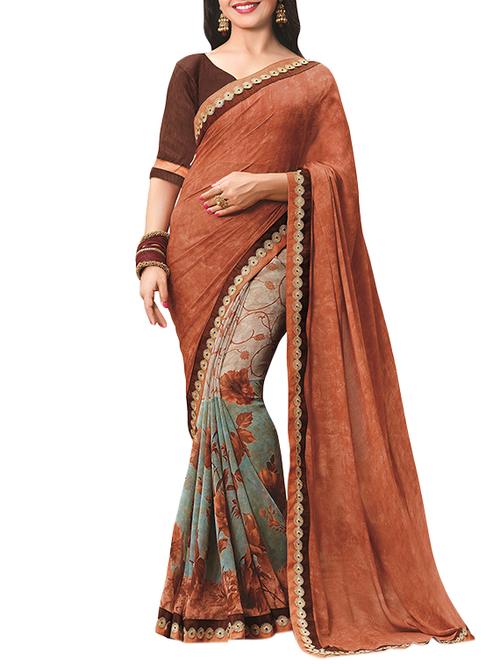 brown half and half saree with blouse - 14335109 - Very Small Image - 1