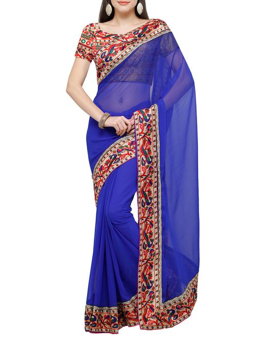 blue georgette bordered saree with blouse - 14338111 - Very Small Image - 1