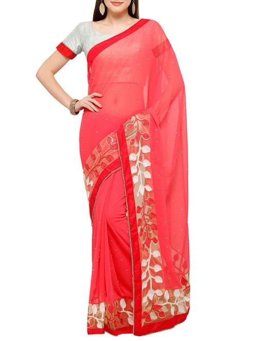 coral red georgette embellished saree with blouse - 14338114 - Very Small Image - 1