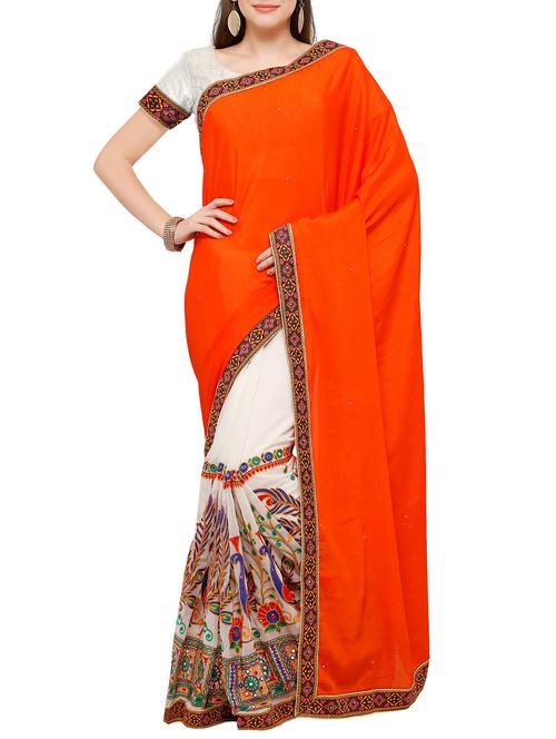 orange georgette embroidered half & half saree with blouse - 14338115 - Very Small Image - 1