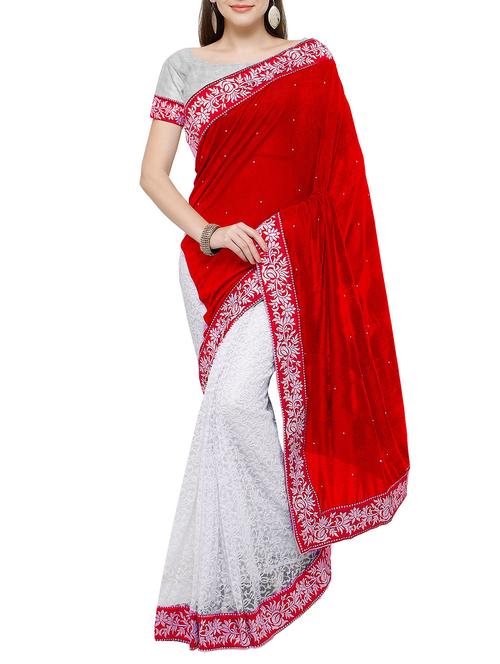 red velvet & lace half & half saree with blouse - 14338119 - Very Small Image - 1