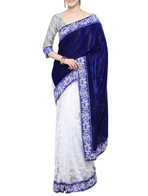 blue velvet & lace half & half saree with blouse - 14338120 - Very Small Image - 1
