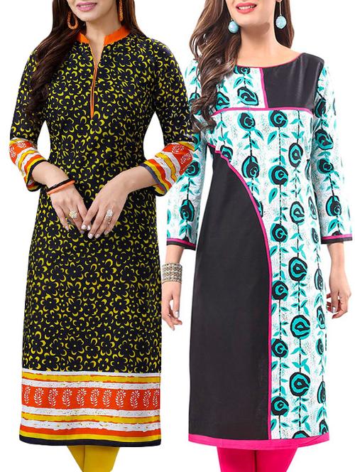 set of 2 multicolored cotton straight kurta - 14338299 - Very Small Image - 1