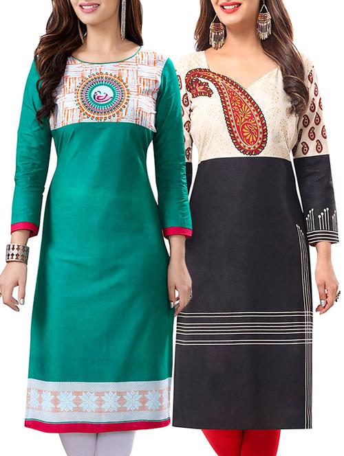 set of 2 multicolored cotton straight kurta - 14338369 - Very Small Image - 1