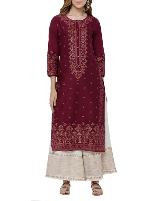 maroon cotton straight kurta - 14341505 - Very Small Image - 1