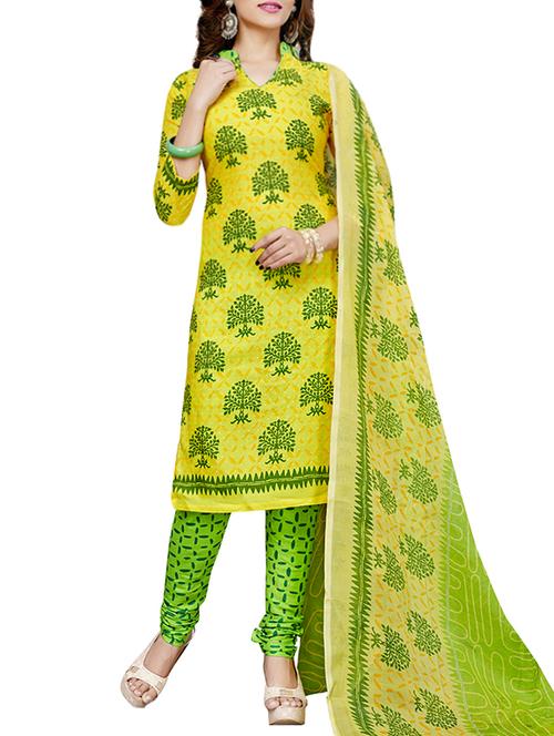 yellow cotton un-stitched dress material - 14342532 - Very Small Image - 1