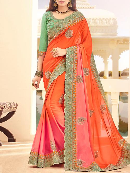orange georgette embroidered saree with blouse - 14343313 - Very Small Image - 1
