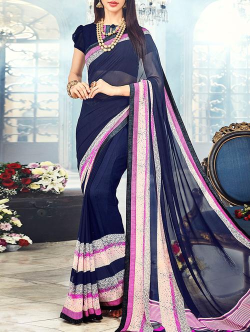 blue georgette printed saree with blouse - 14343314 - Very Small Image - 1