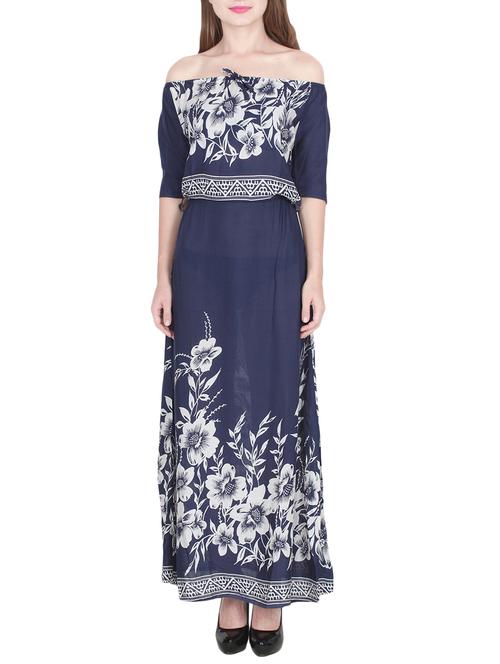 navy blue printed rayon maxi dress - 14343679 - Very Small Image - 1