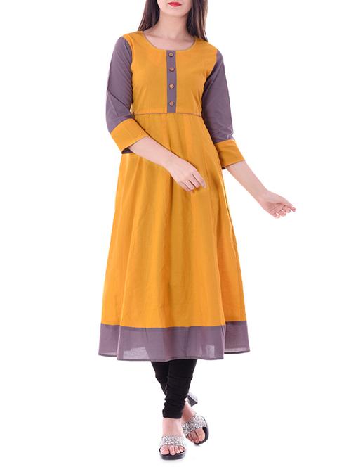 mustard cotton anarkali kurta - 14344313 - Very Small Image - 1