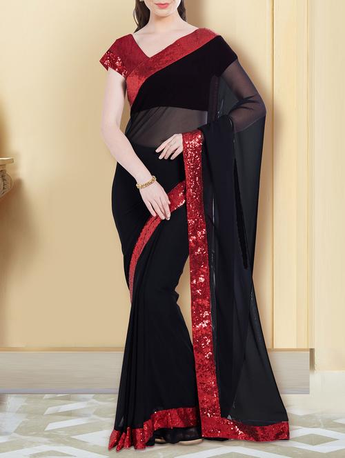 black georgette bordered saree with blouse - 14347368 - Very Small Image - 1