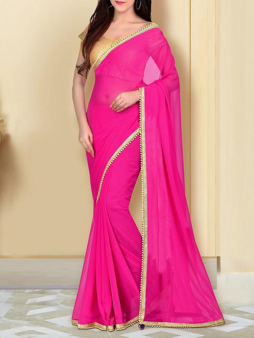 pink georgette bordered saree with blouse - 14347370 - Very Small Image - 1