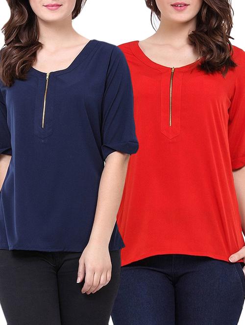 set of 2 multi colored crepe casual top - 14348399 - Very Small Image - 1