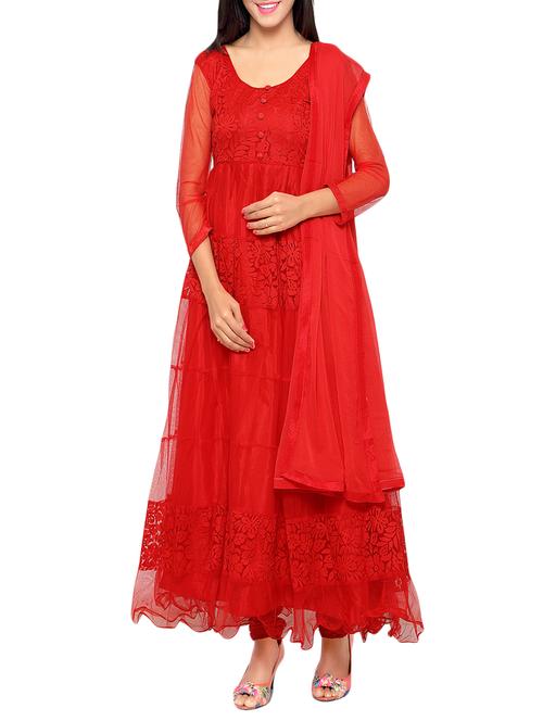 red net un-stitched dress material - 14348457 - Very Small Image - 1
