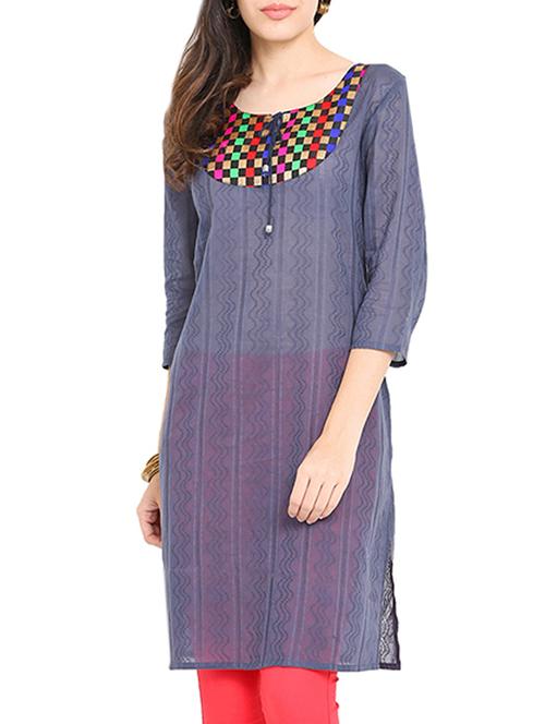 blue cotton straight kurta - 14348923 - Very Small Image - 1