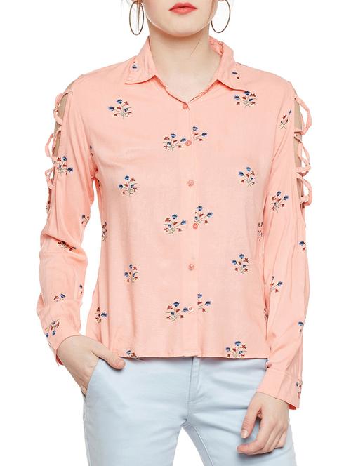 peach floral printed viscose regular shirt - 14349928 - Very Small Image - 1