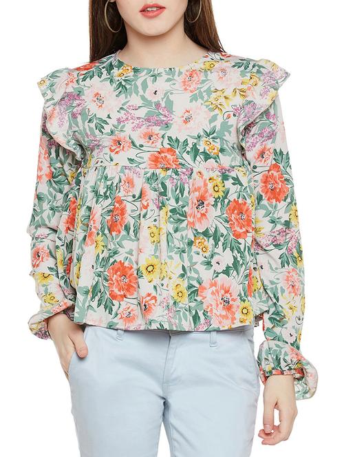 cream printed ruffle top - 14349971 - Very Small Image - 1