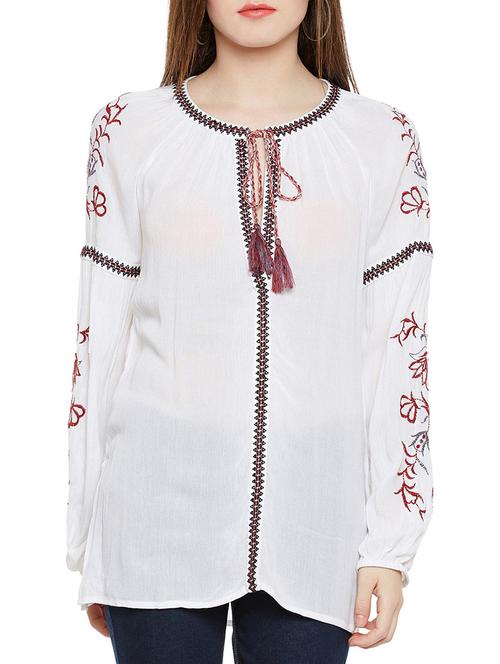 embroidered tie up neck peasant top - 14349974 - Very Small Image - 1
