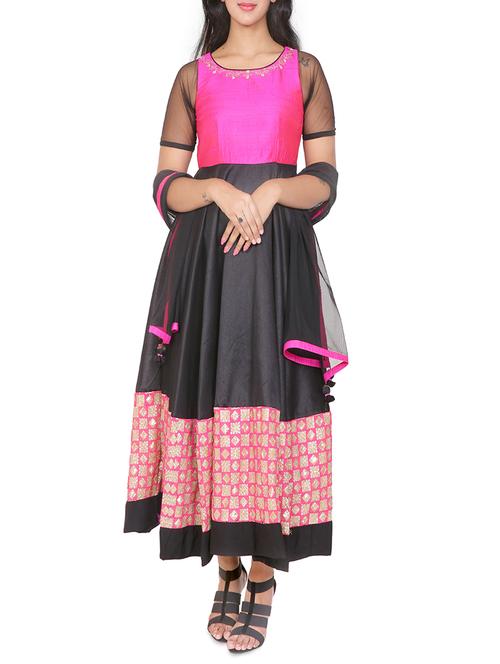 black satin layered kurta & dupatta set - 14350396 - Very Small Image - 1