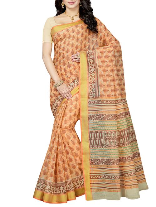 beige cotton blend printed saree with blouse - 14350774 - Very Small Image - 1