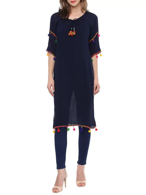 straight kurta with pom - pom lace - 14350972 - Very Small Image - 1
