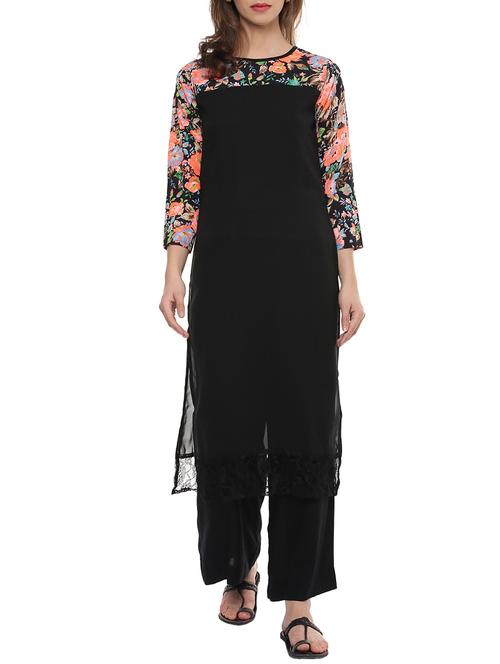 black crepe straight kurta - 14350979 - Very Small Image - 1
