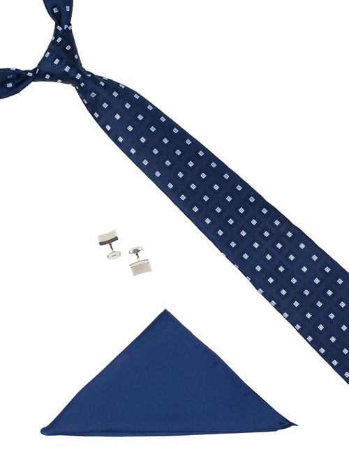 blue woven silk tie, pocket square and a pair of cufflinks - 14355354 - Very Small Image - 1