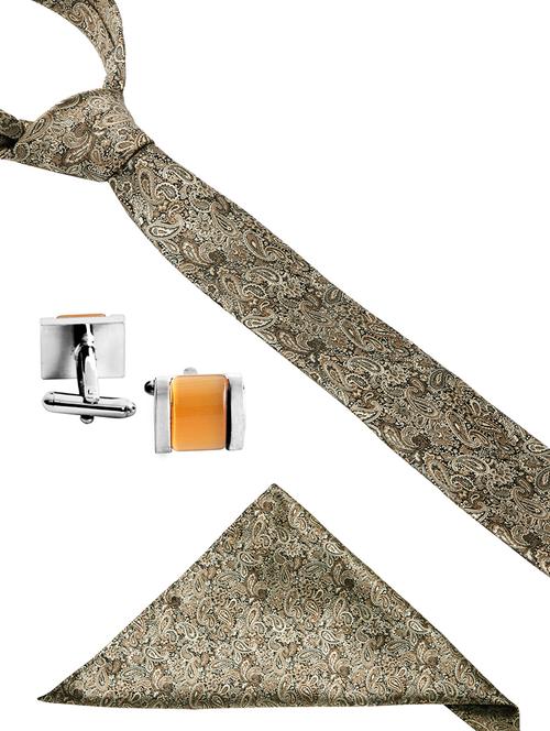 brown woven silk tie, pocket square and a pair of cufflinks - 14355364 - Very Small Image - 1