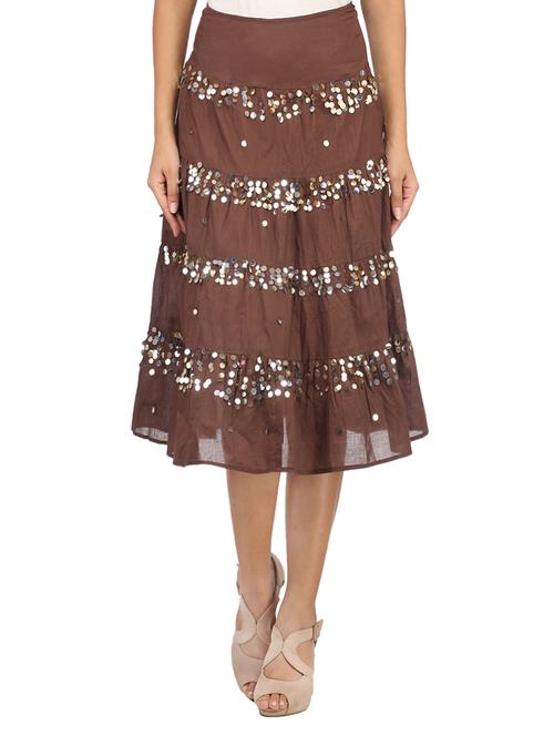 brown embellished cotton flared skirt - 14356272 - Very Small Image - 1