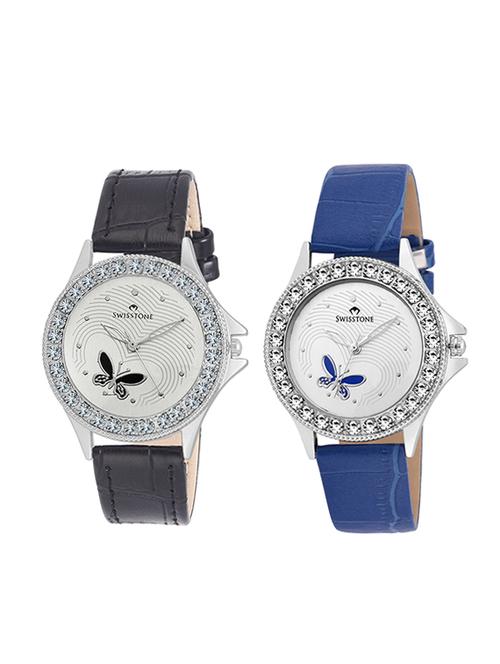 swisstone 501wht-bk-bu leather strap wrist watch combo for women - 14361612 - Very Small Image - 1