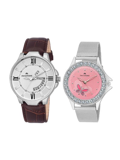 swisstone wht105-wht-brw & vog501-pnk-ch analog wrist watch combo for men & women - 14361620 - Very Small Image - 1