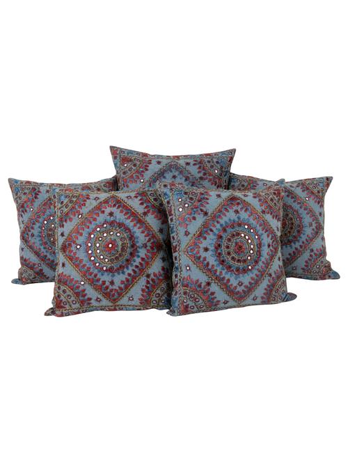 floral cotton mirror work & embroidered set of 5 cushion covers - 14366075 - Very Small Image - 1