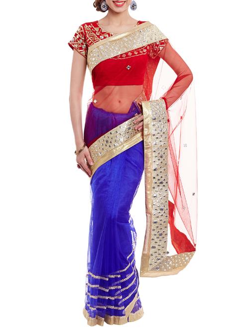 red & blue half & half saree with blouse - 14372257 - Very Small Image - 1