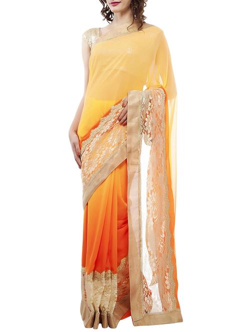 yellow & orange embroidered ombre saree with blouse - 14372261 - Very Small Image - 1