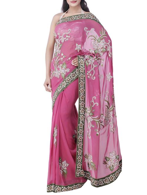 pink poly georgette embroidered saree with blouse - 14372366 - Very Small Image - 1