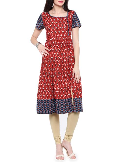 red cotton a-line kurta - 14377376 - Very Small Image - 1