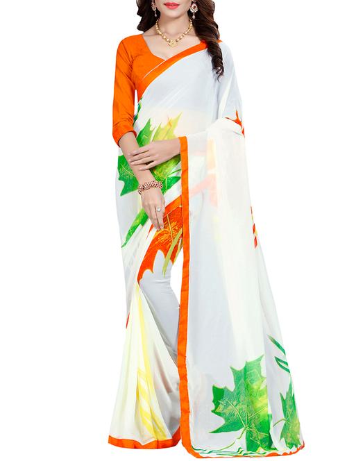 white chiffon printed saree with blouse - 14378845 - Very Small Image - 1