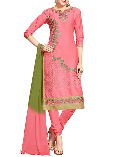 pink unstitched churidaar suits dress material - 14379591 - Very Small Image - 1